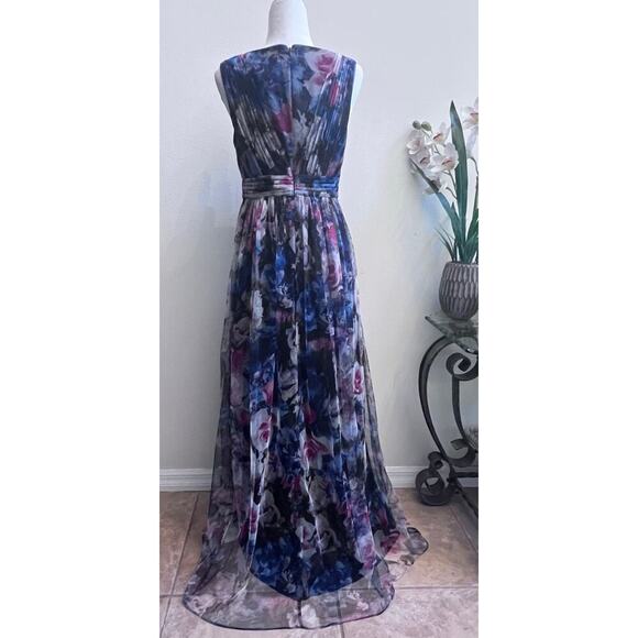 Adrianna Papell V-Neck Floral Printed Tulle Gown Party Dress Slit Women's Sz 10 - Picture 2 of 8